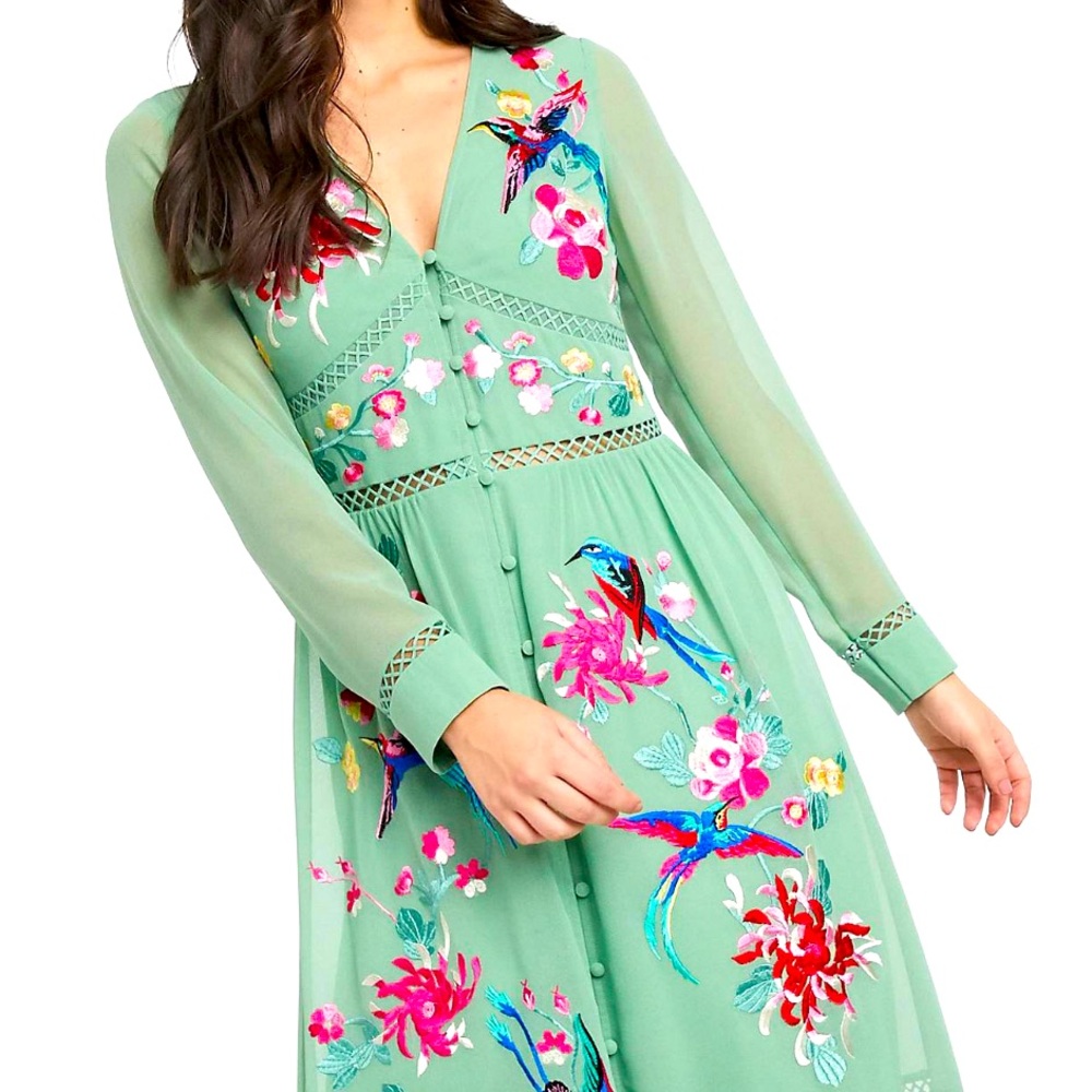 Stunning ASOS embroidered skater midi dress in sage green color
